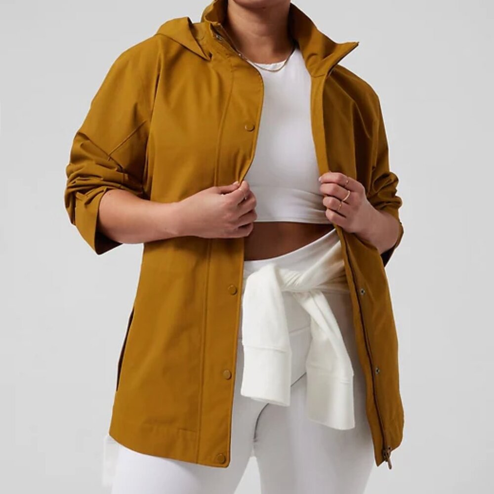 ATHLETA SUTRO RAINOUT TRENCH  HOODED RAIN JACKET COAT XS BRASS YELLOW GOLD - Picture 6 of 15